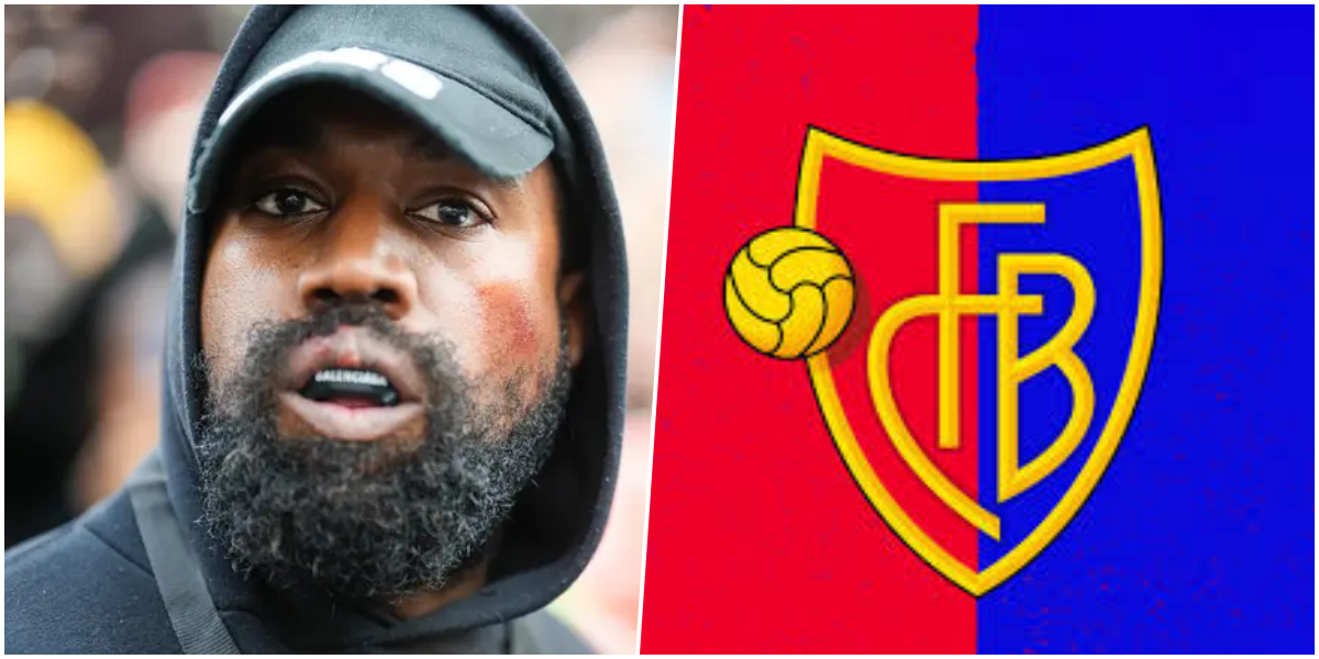 kanye west a esquerda e logo do time FC Basel.