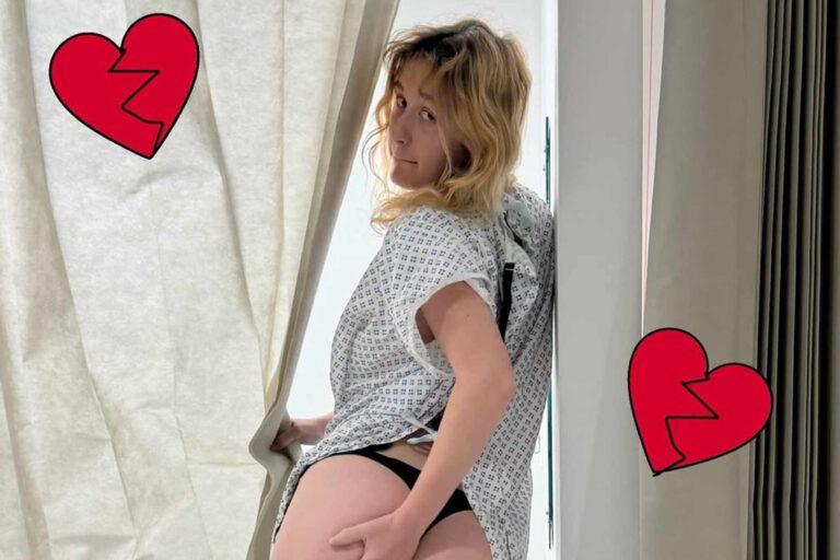 Vocalista Phoebe Lunny da banda Lambrini Girls em ambiente hospitalar após sofrer lesão no pescoço.