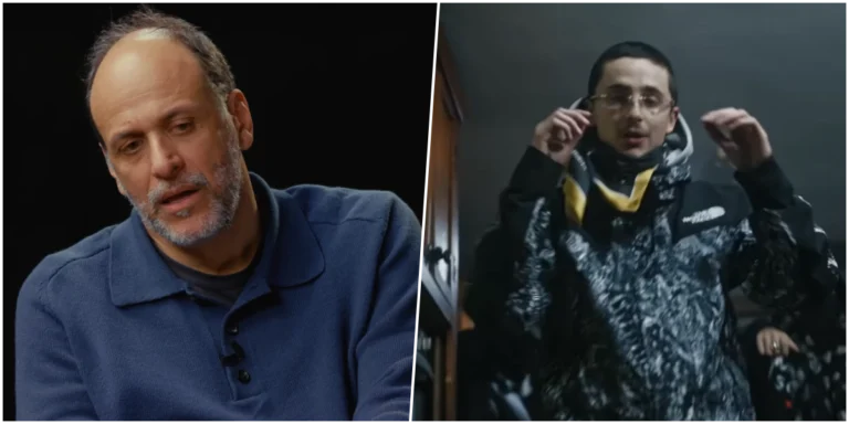 O cineasta Luca Guadagnino gesticula durante entrevista coletiva em festival de cinema.