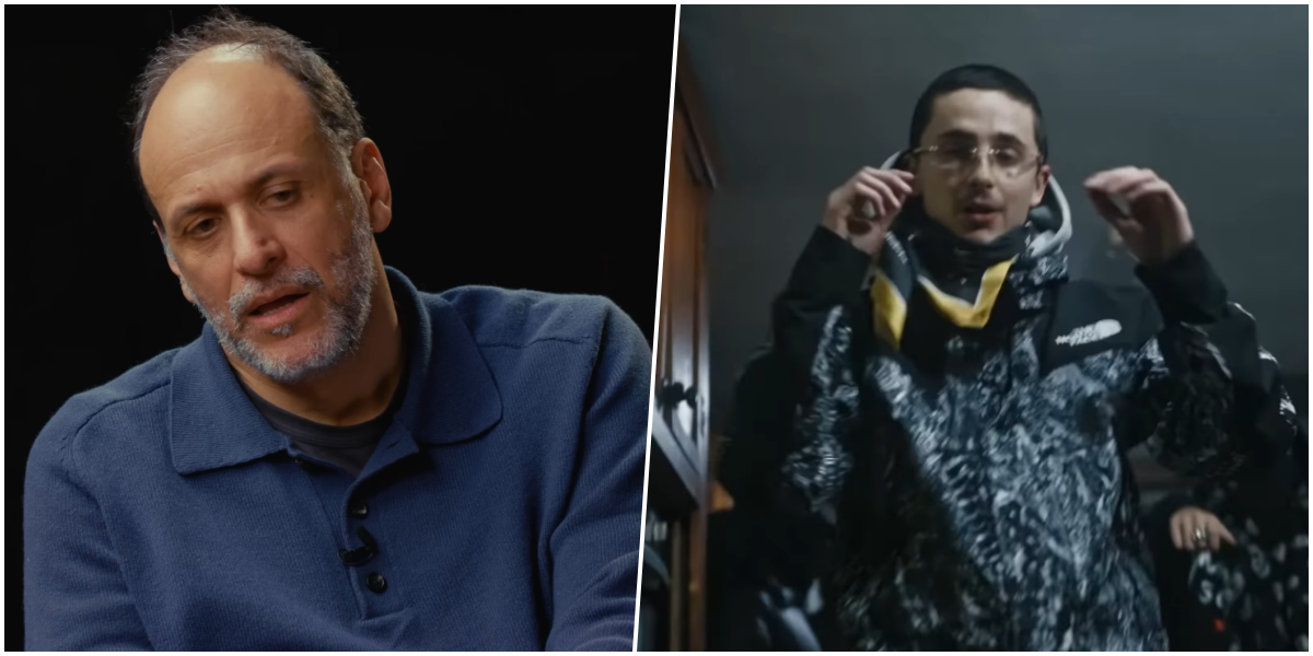 luca-guadagnino-timothee-chalamet-polemica O cineasta Luca Guadagnino gesticula durante entrevista coletiva em festival de cinema.