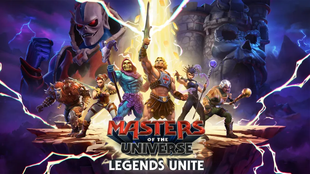 Personagens de Masters of the Universe em arte do jogo Legends Unite com He-Man em destaque
