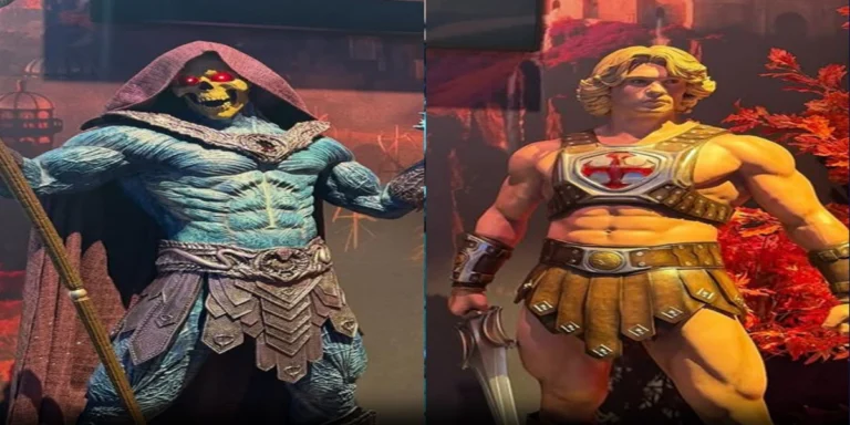 Estátuas de He-Man e Esqueleto expostas na recepção da CinemaCon 2026.