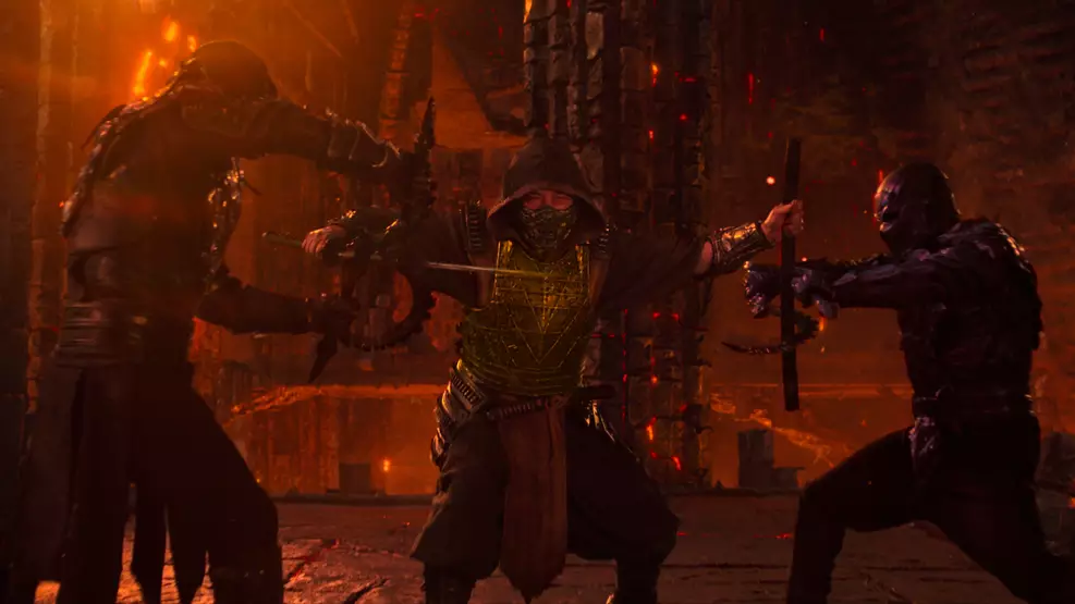 O ator Karl Urban como Johnny Cage em cena de luta no filme Mortal Kombat 2.