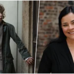César Domboy como Fergus em cena da oitava temporada de Outlander antes do incêndio na gráfica.