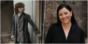 César Domboy como Fergus em cena da oitava temporada de Outlander antes do incêndio na gráfica.