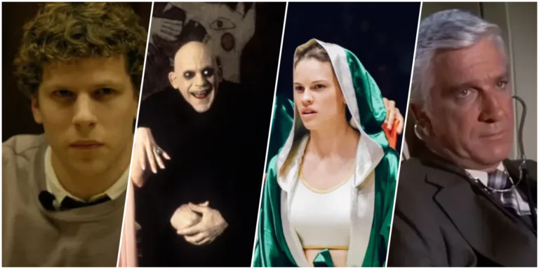 Cena com imagens de quatro filmes disponíveis na Paramount+: A Rede Social, A Família Addams 2, Menina de Ouro e Avião!