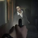 Cena sombria de Resident Evil com zumbis em um corredor escuro da Umbrella Corporation.