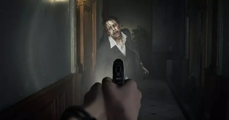 Cena sombria de Resident Evil com zumbis em um corredor escuro da Umbrella Corporation.