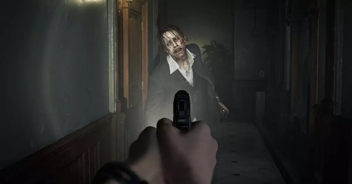 Cena sombria de Resident Evil com zumbis em um corredor escuro da Umbrella Corporation.