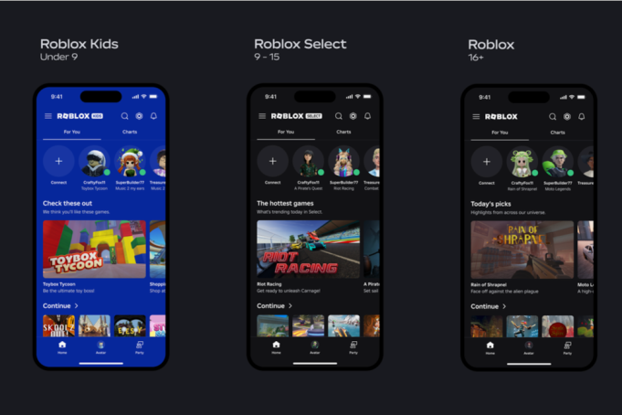 Interface da plataforma Roblox com demonstração dos novos filtros de segurança e categorias de idade.