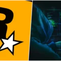 Logotipo da Rockstar Games sobre um fundo escuro com elementos digitais de segurança.