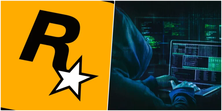 Logotipo da Rockstar Games sobre um fundo escuro com elementos digitais de segurança.