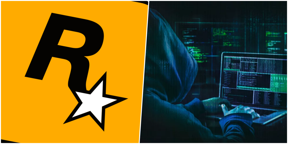 Logotipo da Rockstar Games sobre um fundo escuro com elementos digitais de segurança.