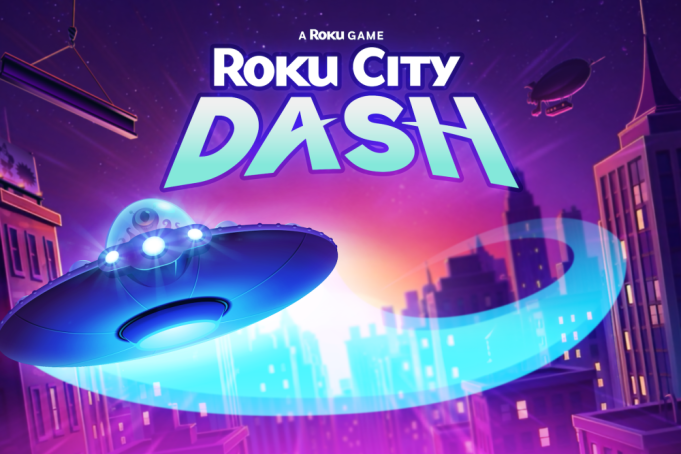 Tela do Roku City Dash com elementos retrô dentro do protetor de tela da Roku