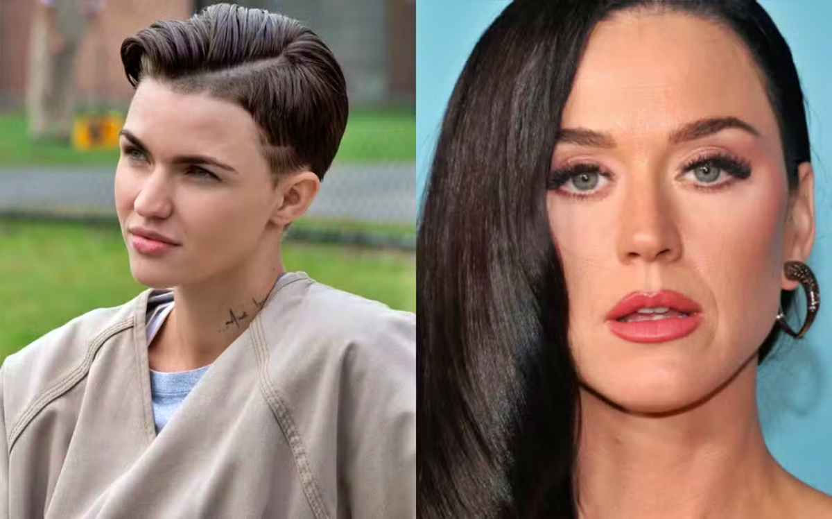 ruby-rose-katy-perry-acusacao-abuso Montagem com os rostos da atriz Ruby Rose e da cantora Katy Perry em fundo neutro.