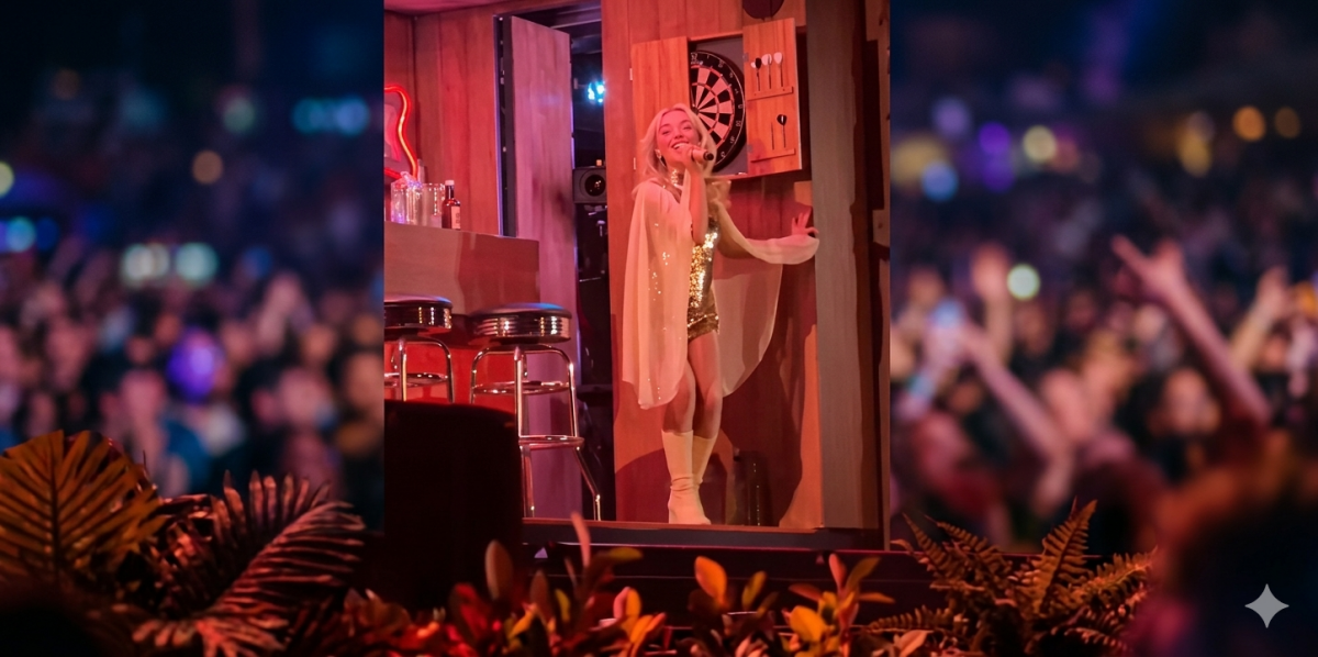 Sabrina Carpenter no palco principal do Coachella em cenário que simula Hollywood.