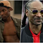 O rapper Snoop Dogg sorridente durante apresentação na CinemaCon ao lado do ator Jonathan Daviss.