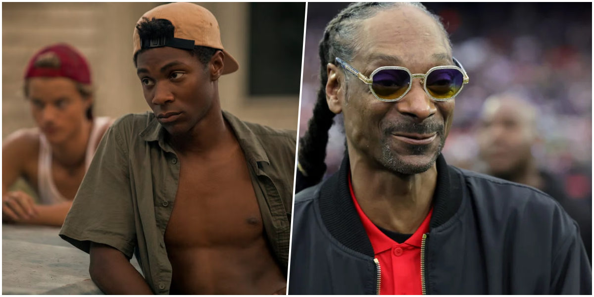 O rapper Snoop Dogg sorridente durante apresentação na CinemaCon ao lado do ator Jonathan Daviss.