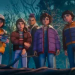 Cena de animação de Stranger Things: Tales From ’85 com personagens em Hawkins durante o inverno de 1985