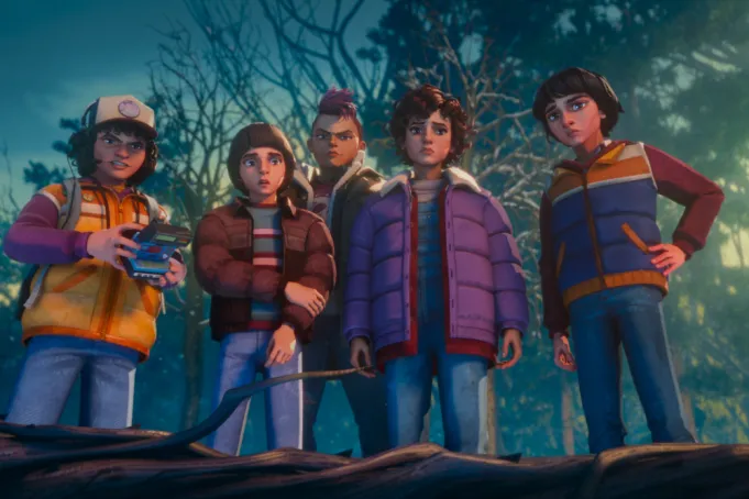 Cena de animação de Stranger Things: Tales From ’85 com personagens em Hawkins durante o inverno de 1985