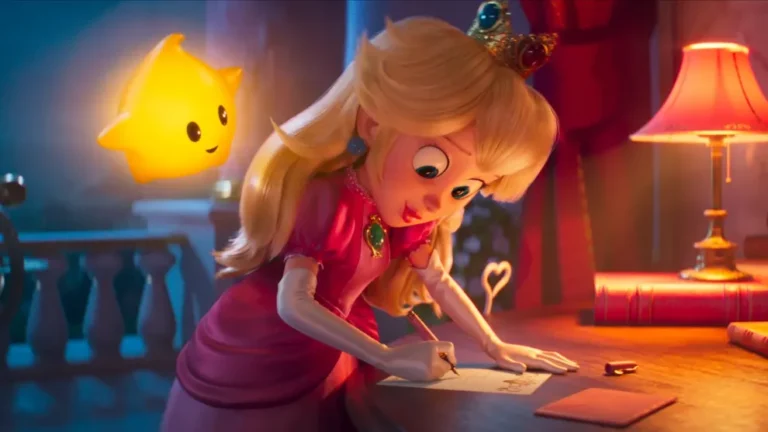 Cena da animação Super Mario Galaxy com os personagens principais em uma aventura espacial.