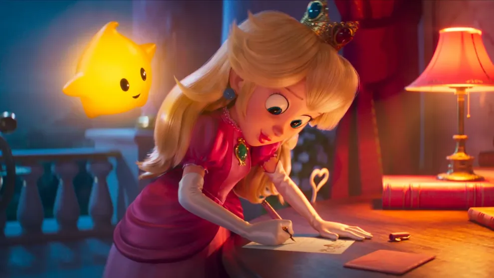 super-mario-galaxy-bilheteria-mundial-recorde Cena da animação Super Mario Galaxy com os personagens principais em uma aventura espacial.