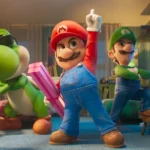 Cena de Super Mario Galaxy: O Filme com personagens em aventura no espaço