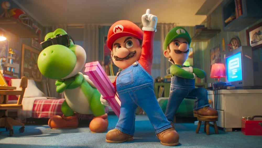 Cena de Super Mario Galaxy: O Filme com personagens em aventura no espaço