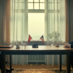 O ator Jeff Daniels caracterizado como o presidente Ronald Reagan em uma sala de reuniões no filme The Brink of War.