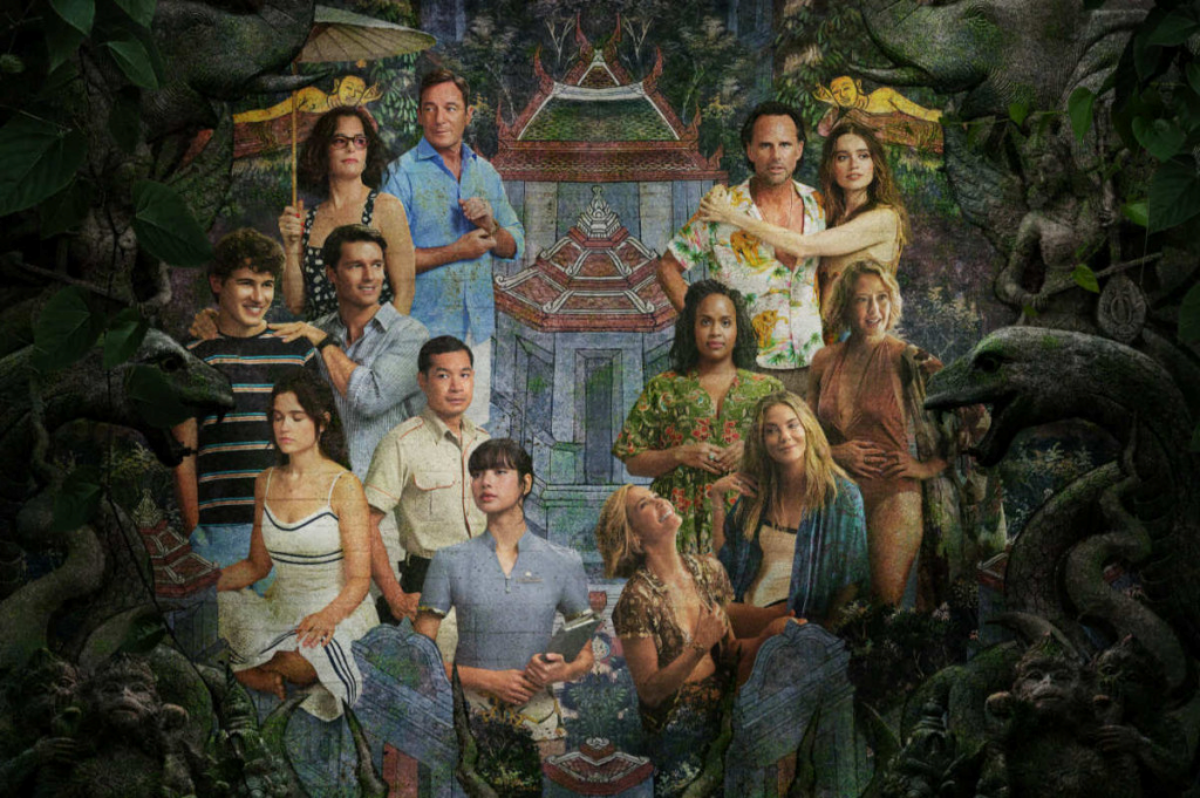 ogotipo da série The White Lotus sobreposto a uma imagem da Riviera Francesa durante o Festival de Cannes.