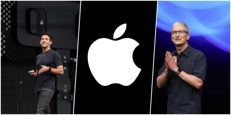 Imagem corporativa da Apple com destaque para transição de liderança entre Tim Cook e John Ternus no comando da empresa