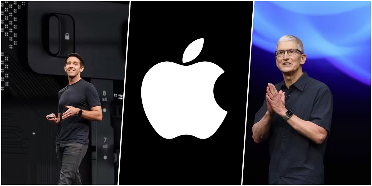 Imagem corporativa da Apple com destaque para transição de liderança entre Tim Cook e John Ternus no comando da empresa