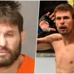 Lutador Tim Means posando com uniforme oficial do UFC