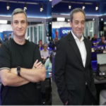 Logotipo do canal Times Brasil CNBC em estúdio moderno de jornalismo de negócios