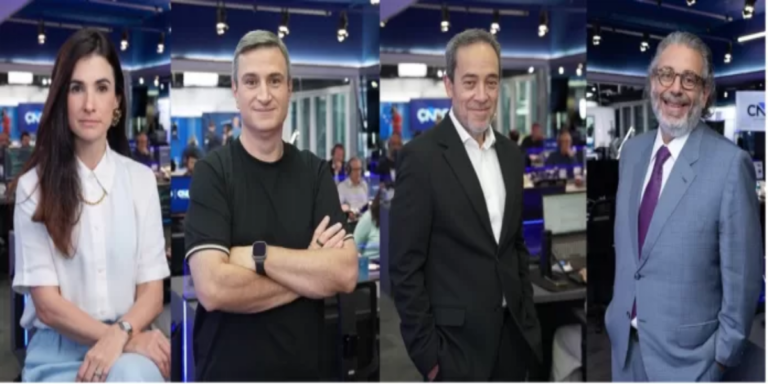 Logotipo do canal Times Brasil CNBC em estúdio moderno de jornalismo de negócios