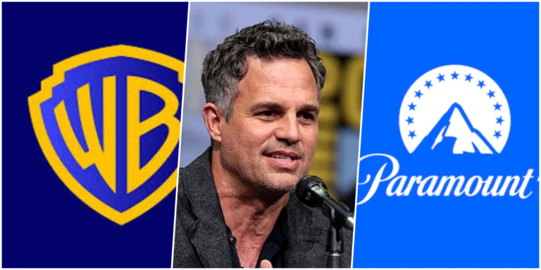A esquerda logo da Warner Bros, no meio Mark Ruffalo e a direita o logo da Paramount.