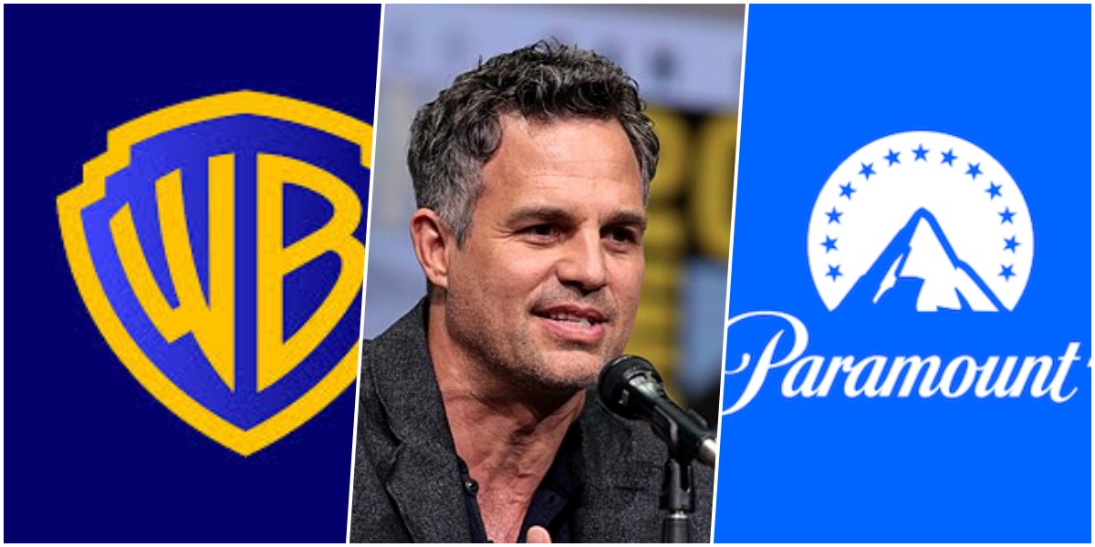 A esquerda logo da Warner Bros, no meio Mark Ruffalo e a direita o logo da Paramount.