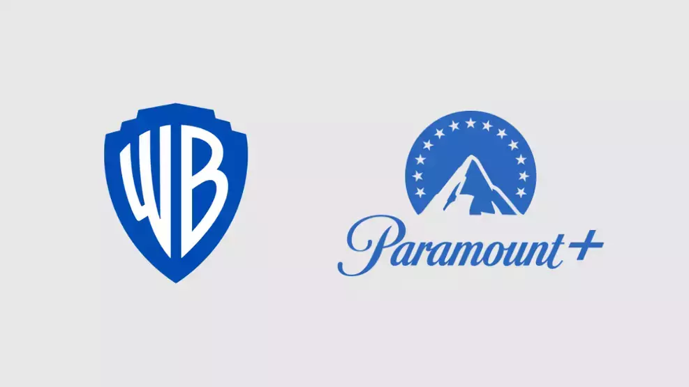 warner-paramount-fusao-protesto-artistas Logotipos da Warner Bros. Discovery e Paramount em destaque sobre fundo de estúdio de cinema.