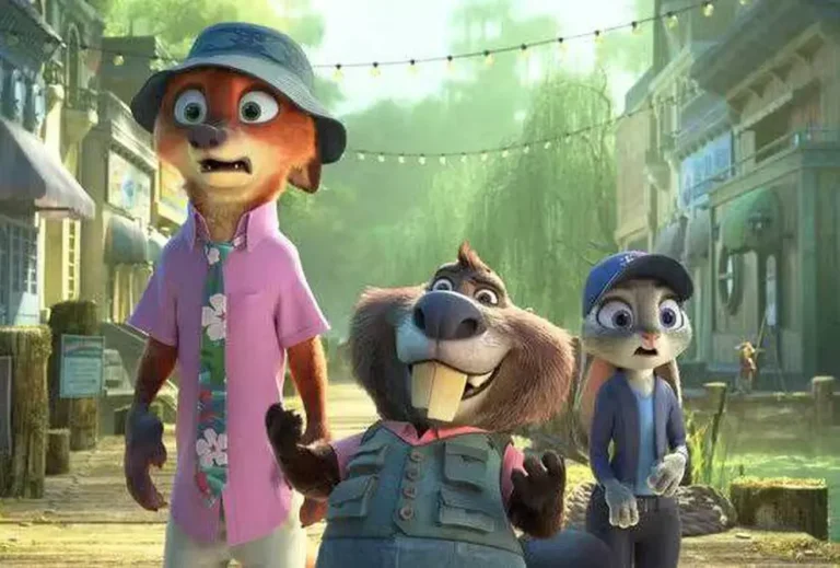 Judy Hopps e Nick Wilde em cena de Zootopia 2 investigando caso na cidade de Zootopia durante missão policial em ambiente urbano animado