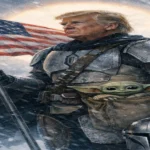 Imagem divulgada pela Casa Branca mostra Donald Trump caracterizado como o Mandaloriano ao lado de Grogu em referência a Star Wars