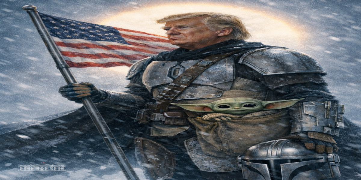 Imagem divulgada pela Casa Branca mostra Donald Trump caracterizado como o Mandaloriano ao lado de Grogu em referência a Star Wars