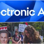 Protesto em frente à sede da Electronic Arts marca oposição à possível aquisição da empresa por investidores estrangeiros.