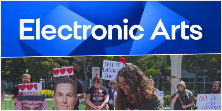 Protesto em frente à sede da Electronic Arts marca oposição à possível aquisição da empresa por investidores estrangeiros.