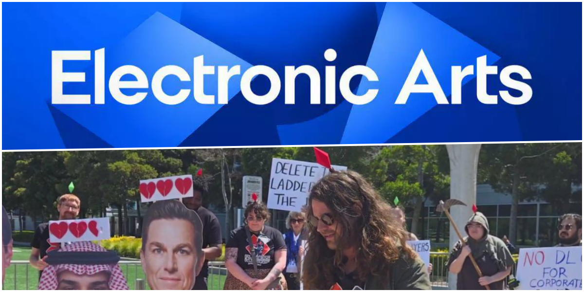 Protesto em frente à sede da Electronic Arts marca oposição à possível aquisição da empresa por investidores estrangeiros.