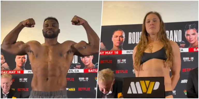 Ronda Rousey e Francis Ngannou durante pesagem oficial do evento de MMA da MVP com a Netflix.