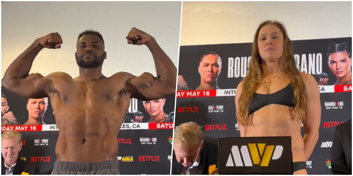 Ronda Rousey e Francis Ngannou durante pesagem oficial do evento de MMA da MVP com a Netflix.