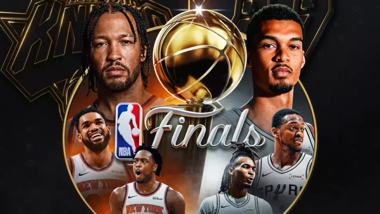 Logotipo da NBA com destaque para Knicks e Spurs antes do início das finais da liga em série melhor de sete jogos.