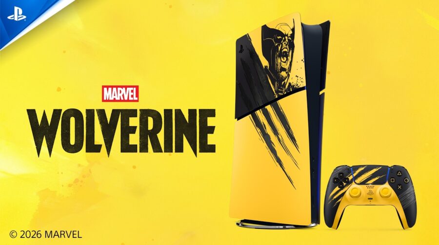 PS5 inspirado em Marvel's Wolverine com acabamento amarelo e marcas de garras na carcaça.