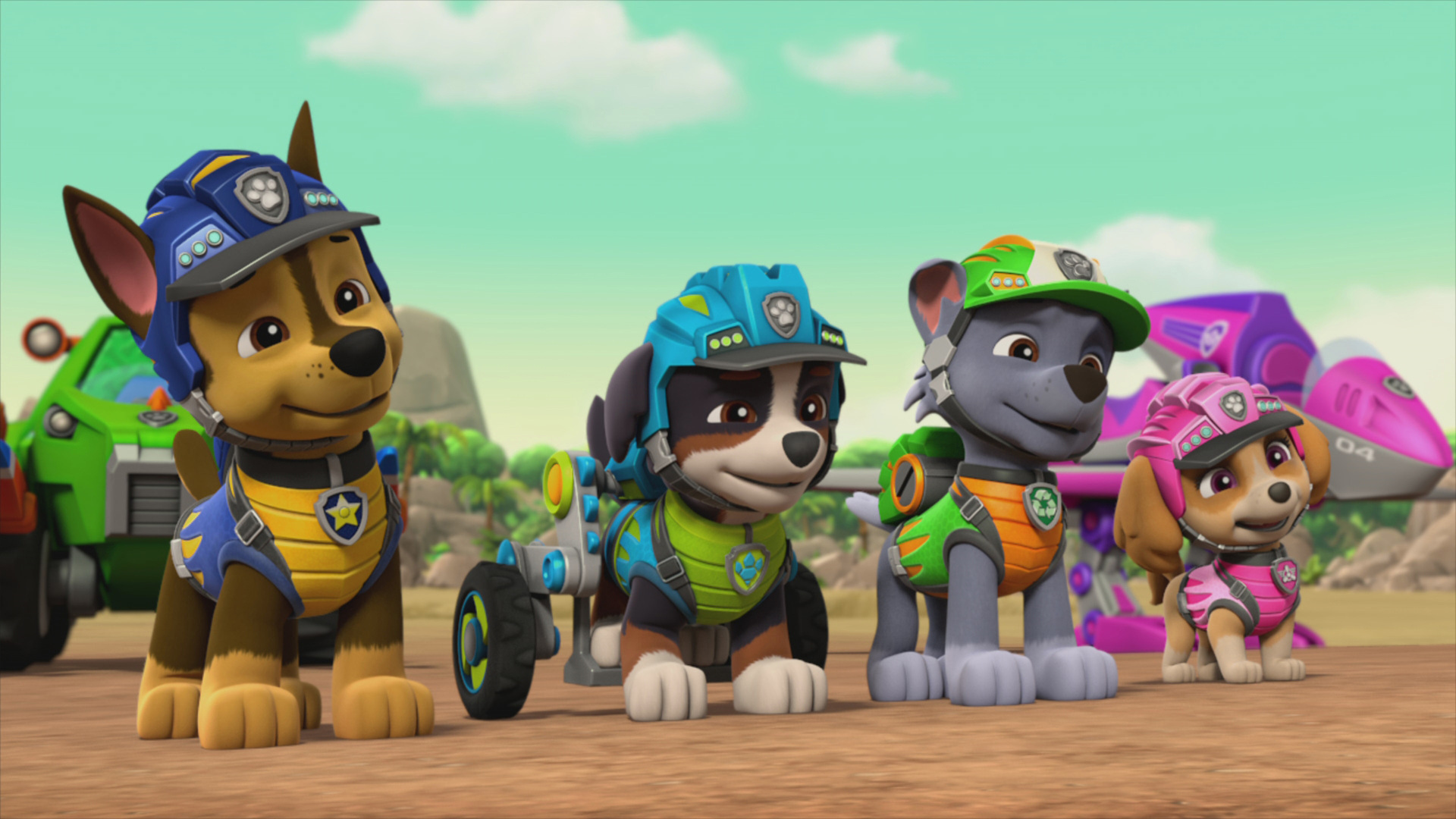 Marshall e os filhotes da Patrulha Canina enfrentam uma nova missão com dinossauros.