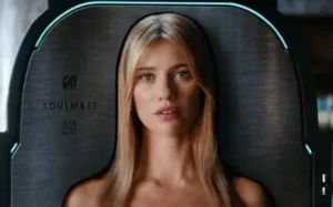 Imagem promocional de Soulm8te destaca a androide da expansão do universo M3GAN em um thriller tecnológico.